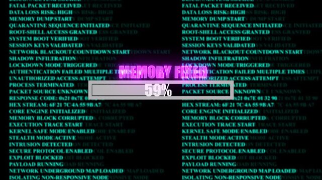 MEMORY FIXED glowing progress bar shows 100% percent of ransomware active background computer code programming, shows percent of malware deployed on a background of computer code programming.