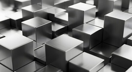Abstract metallic cubes arranged in a complex, three dimensional pattern suggesting digital data blocks or futuristic architectural structures with brushed surfaces.