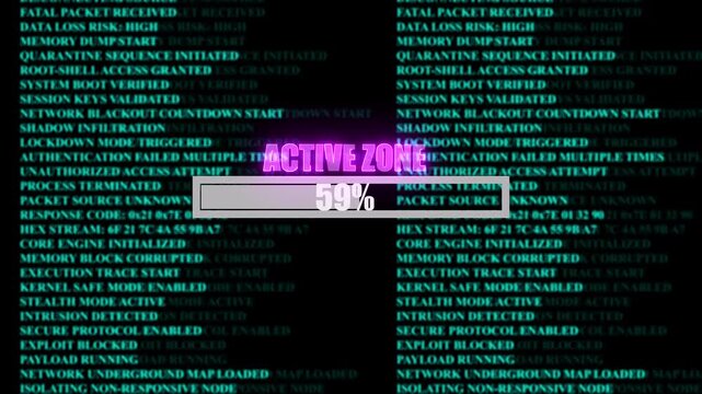 ACTIVE ZONE glowing progress bar shows 100% percent of ransomware active background computer code programming, shows percent of malware deployed on a background of computer code programming.