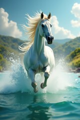 White horse galloping through water