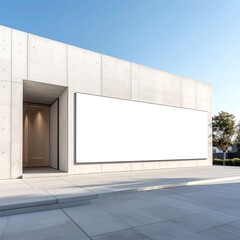 Fototapeta premium Modern concrete building with large blank sign, bright sky