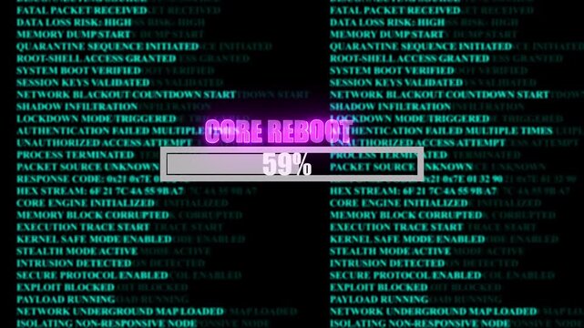 CORE REBOOT glowing progress bar shows 100% percent of ransomware active background computer code programming, shows percent of malware deployed on a background of computer code programming.