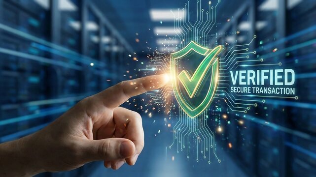 Human finger touching a glowing digital verified checkmark symbol, secure transaction and authentication concept.