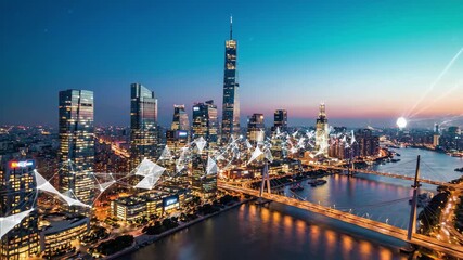 Futuristic cityscape at dusk with digital network overlay and illuminated skyscrapers, 4k - Powered by Adobe