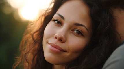A close up portrait of a smiling woman bathed in warm soft sunlight conveying a sense of joy and serene connection