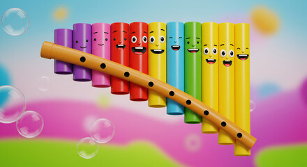 Playful animated pan flutes with cheerful faces vibrant colors shining in a soft dreamlike setting. AI Generated