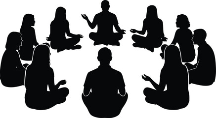 Group Meditation Circle Silhouette Vector Illustration People Sitting in a Spiritual or Wellness Session