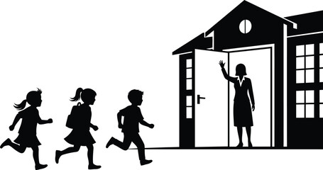 School children running into building entrance welcomed by teacher silhouette vector illustration