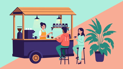 Coffee shop scene with a mobile cart and customers. © Abhinaya Project