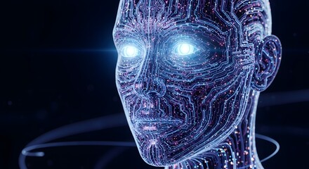 Close up of a glowing artificial intelligence head sculpture featuring intricate blue circuit board patterns and bright illuminated eyes against a dark digital backdrop