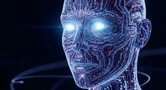 Close up of a glowing artificial intelligence head sculpture featuring intricate blue circuit board patterns and bright illuminated eyes against a dark digital backdrop - Powered by Adobe
