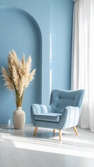 Modern Minimalist Living Room Interior With Blue Armchair And Pampas Grass