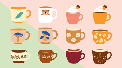 Assorted Coffee Cups with Various Designs and Patterns.