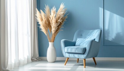 Modern Minimalist Living Room Interior With Blue Armchair And Pampas Grass