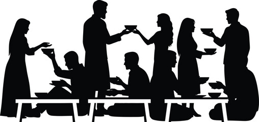 Fototapeta premium Communal Dinner Gathering Silhouette Vector Illustration