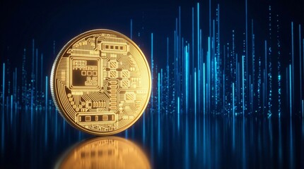 A premium 3D render of a generic gold digital cryptocurrency coin on a dark background, representing the future of finance, blockchain, and digital economy.