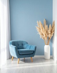 Modern Minimalist Living Room Interior With Blue Armchair And Pampas Grass