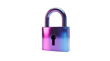 A shiny padlock with a vibrant purple and blue gradient on a black background