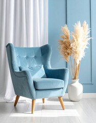 Modern Minimalist Living Room Interior With Blue Armchair And Pampas Grass