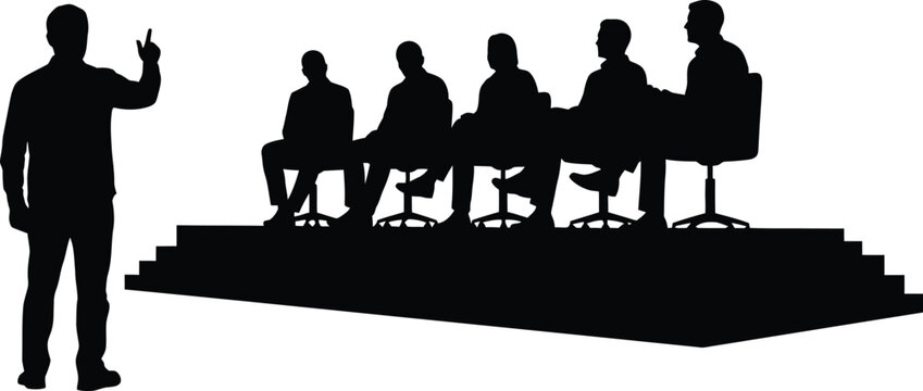Silhouette vector of presenter addressing a seated business panel on a stage during a conference or corporate meeting