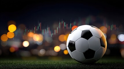 A detailed image featuring a soccer ball on grass with a blurred city background and a digital graph overlay, suggesting a blend of sports and data analysis.