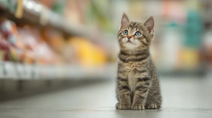 A curious kitten sitting in a brightly colored aisle, looking up with wide blue eyes, surrounded by a soft, blurred background.