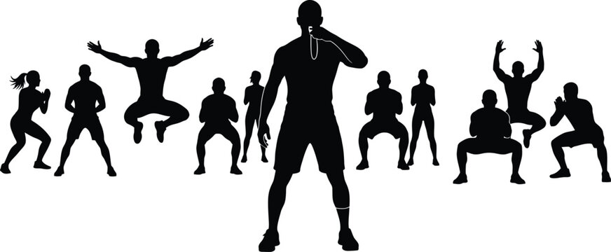 Group Fitness Class Silhouette Vector Coach Leading People in Workout and Exercise Training