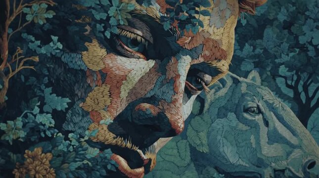 Artistic face composite with horse background in a mosaic illustration