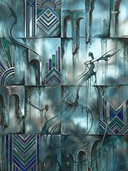 Melting architectural shapes blend with deco patterns in a teal and oxidized silver abstract composition