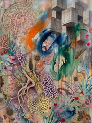 Brutalist concrete cubes float above a layered composition of coral patterns and ancient maps.