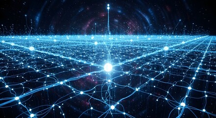 Abstract visualization of a massive digital neural network structure expanding across a dark cosmic space representing artificial intelligence data processing.