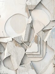 Off-white relief composition features fragmented plaster shapes and layered geometric fragments in neutral tones