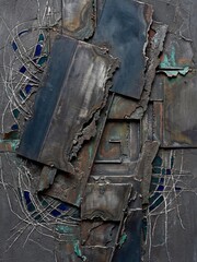 Weathered metal plates and rusted iron shards create a layered industrial abstract relief sculpture.