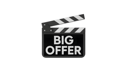 A movie clapper with a big offer sign on a black background