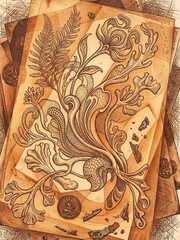 Intricate botanical illustrations flow across aged parchment layers with scattered bronze coins and metal fragments.