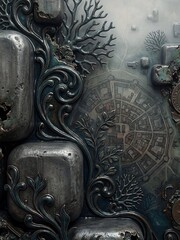 Faint circular map outlines overlay weather-beaten metal blocks and intricate coral-like scrolls in blue tones.