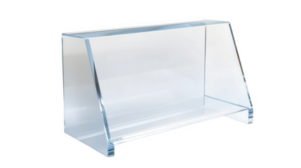 A translucent, empty acrylic display stand with a clear finish is showcased on a stark black background, ready to hold various promotional materials or products.