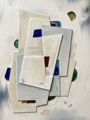 Overlapping geometric panels shift across an ivory surface featuring recessed accents of jewel tones.