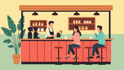 People socializing at a modern bar with bartender serving drinks.