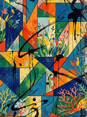 Energetic movement emerges from primary colored geometric shapes layered with black paint and floral patterns.