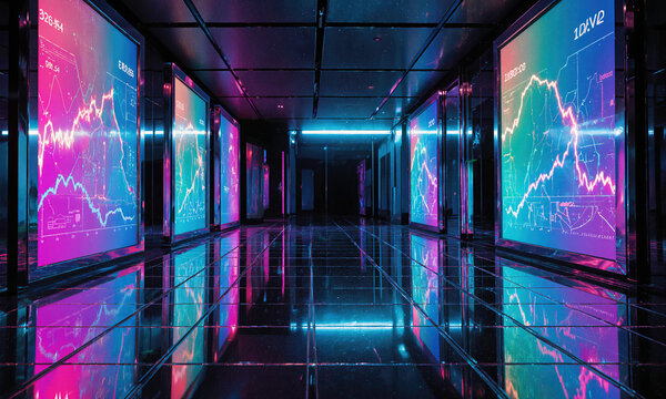 Hologram Grid Bay - Wide lens reveals mirrored floor and transparent touch-screen panels projecting rainbow holograms, no subject present, vapor