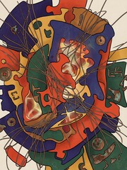 Colorful interlocking puzzle shapes overlap with thin metallic wires and weathered ancient coins