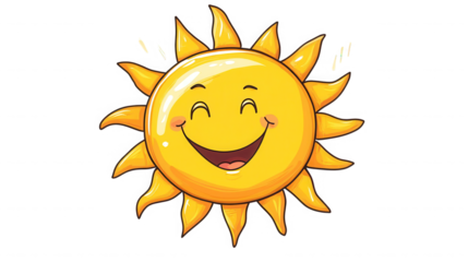 A cheerful cartoon sun with a wide smile and closed eyes radiates happiness and warmth against a dark background, representing joy and bright days.