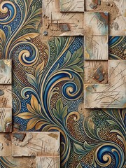 Swirling acanthus patterns merge with weathered stone tiles and stippled textures in an earthy mosaic.