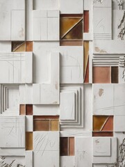 Stark white geometric forms contrast with warm amber glass and etched linear details.