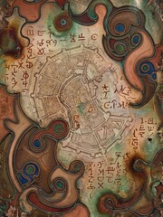 Mysterious ancient map features intricate city layouts and cryptic runes on weathered metallic copper textures.