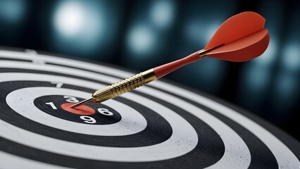 Red dart hitting the bullseye on a black and white dartboard with blurred bokeh background