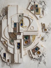 In a minimalist interior, a geometric relief sculpture features gold leaf and vibrant glass inlays.