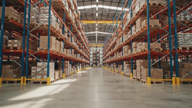 Pallet jack moving stacked cardboard boxes wrapped in plastic wrap down a long aisle in a large industrial warehouse with tall shelving units, 4k