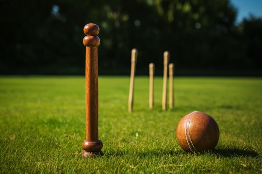 Wooden king pin, skittles, and throwing stick creating a scene for a traditional outdoor game